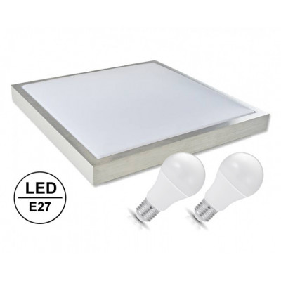 Lampa Sufitowa, Plafon + 2xŻarówki LED E27- Kwadrat-300mm, Chrom