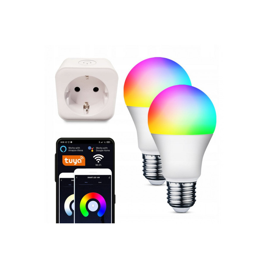 2x Inteligentna Żarówka LED RGB+W E27 ~9W + Gniazdko, Zdalne Sterowanie Urządzeniami - WIFI TUYA