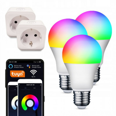 3x Inteligentna Żarówka LED RGB+W E27 ~9W + 2x Gniazdko, Zdalne Sterowanie Urządzeniami - WIFI TUYA