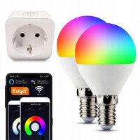 2x Inteligentna Żarówka LED RGB+W E14 ~5W + Gniazdko, Zdalne Sterowanie Urządzeniami - WIFI TUYA