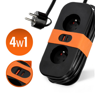 Przedłużacz FLOWFLEXER ORANGE 2-gniazda 1,4m z uziem. + 2xUSB czarny