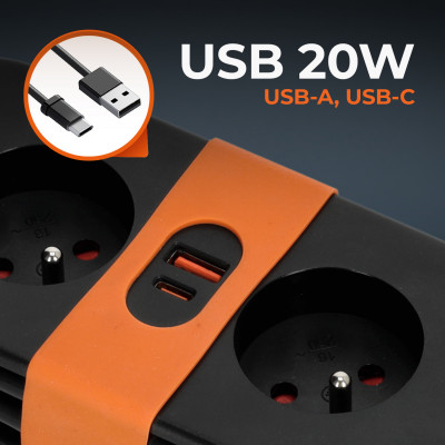 Przedłużacz FLOWFLEXER ORANGE 2-gniazda 1,4m z uziem. + 2xUSB czarny