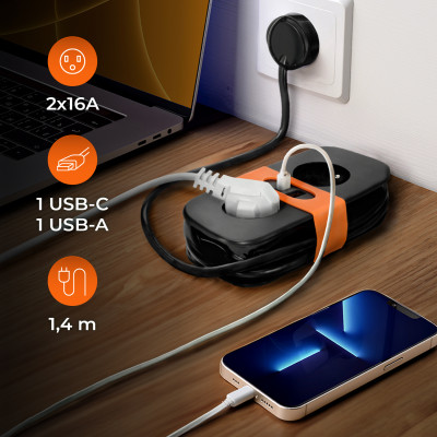 Przedłużacz FLOWFLEXER ORANGE 2-gniazda 1,4m z uziem. + 2xUSB czarny