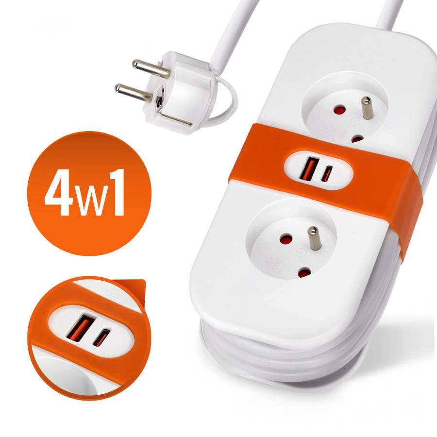 Przedłużacz FLOWFLEXER ORANGE 2-gniazda 1,4m z uziem. + 2xUSB biały