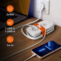 Przedłużacz FLOWFLEXER ORANGE 2-gniazda 1,4m z uziem. + 2xUSB biały