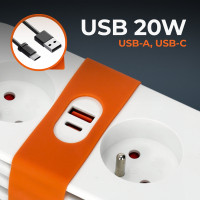 Przedłużacz FLOWFLEXER ORANGE 2-gniazda 1,4m z uziem. + 2xUSB biały