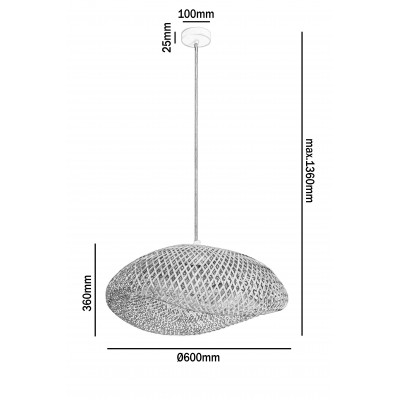 Duża lampa wisząca z bambusowym kloszem 60 cm lina + biała podsufitówka