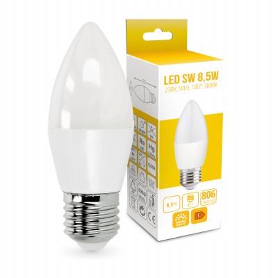 10x Żarówka E27 LED świeczka SW 8,5W Barwa Biała Ciepła 3000K 806lm ZESTAW