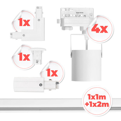 3-Fazowy System Szynowy 4x Reflektor + Szyna 1m+2m + Łącznik L Zestaw Biały