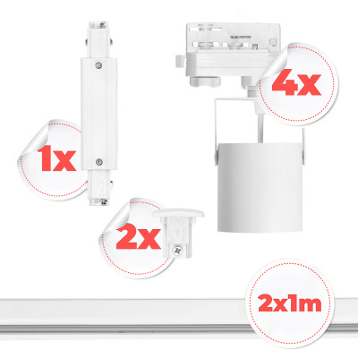 3-Fazowy System Szynowy 4x Reflektor + 2x Szyna 1m + Łącznik I Zestaw Biały