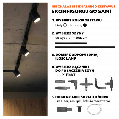 3-Fazowy System Szynowy 8x Lampa + Szyna 1m+1m+2m + Łącznik T Zestaw CZARNY