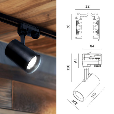 3-Fazowy System Szynowy szyna 1m+2m, I zew., 7x Reflektor na GU10 Czarny