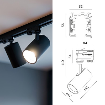 3-Fazowy System Szynowy szyna 1m+2m, L prawy, 5x Reflektor na GU10 Czarny