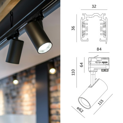 3-Fazowy System Szynowy szyna 2m+2m, I zew., 8x Reflektor na GU10 Czarny