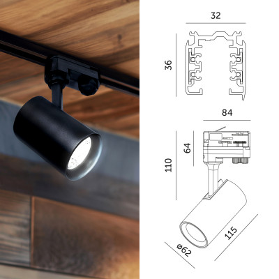 3-Fazowy System Szynowy szyna 2m+2m, L prawy, 6x Reflektor na GU10 Czarny