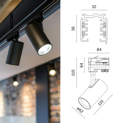 3-Fazowy System Szynowy szyna 3x1m, Łącznik T, 6x Reflektor na GU10 Czarny