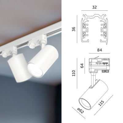 3-Fazowy System Szynowy szyna 1m+2m, L prawy, 7x Reflektor na GU10 Biały