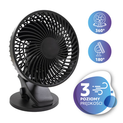 Wentylator Biurkowy Czarny z Klipem USB Cichy Bezprzewodowy 6W