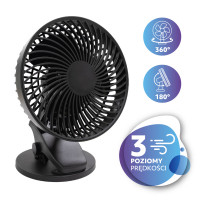 Wentylator Biurkowy Czarny z Klipem USB Cichy Bezprzewodowy 6W