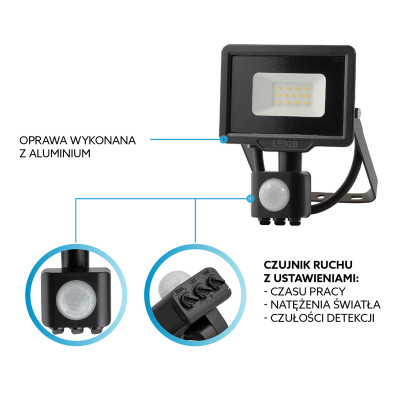 Naświetlacz z czujnikiem ruchu LED MHC 10W 6500K IP65 czarny LED2B