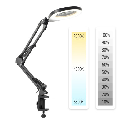 Lampka biurkowa LED Kosmetyczna z lupą 5x 10W 3CCT USB stojąca + uchwyt LED AURIQ LOUPE czarna