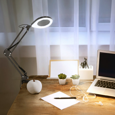 Lampka biurkowa LED Kosmetyczna z lupą 5x 10W 3CCT USB stojąca + uchwyt LED AURIQ LOUPE czarna