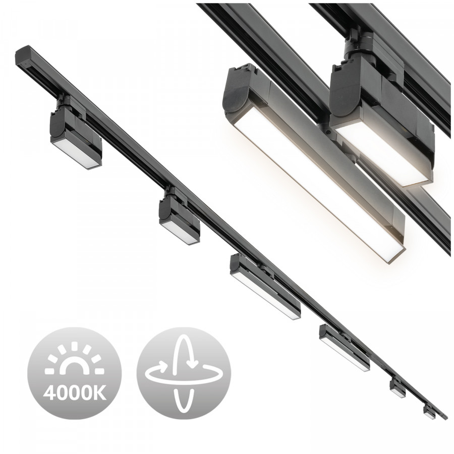 Zestaw Szynowy 3 fazowy szyna 2m + 1m + łącznik prosty + 4x lampy FLEX 12W + 2x lampy FLEX 36W zasilanie + zaślepka CZARNY
