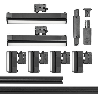 Zestaw Szynowy 3 fazowy szyna 2m + 1m + łącznik prosty + 4x lampy FLEX 12W + 2x lampy FLEX 36W zasilanie + zaślepka CZARNY
