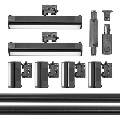 Zestaw Szynowy 3 fazowy 2x szyna 2m + łącznik prosty + 2x lamp FLEX 36W + 4x lamp 12W zasilanie + zaślepka CZARNY