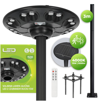 Oprawa Uliczna 15W Solarna Lampa Parkingowa Czujnik Ruchu Pilot + 3m Słup