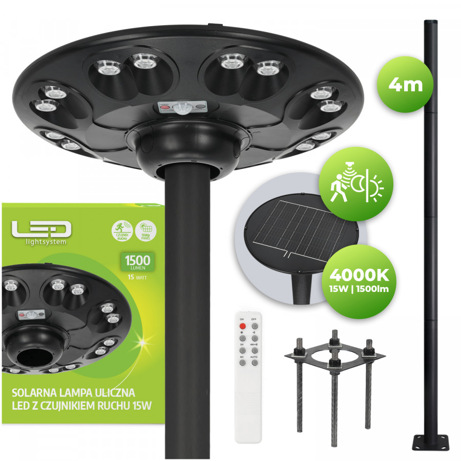 Oprawa Uliczna 15W Solarna Lampa Parkingowa Czujnik Ruchu Pilot + 4m Słup
