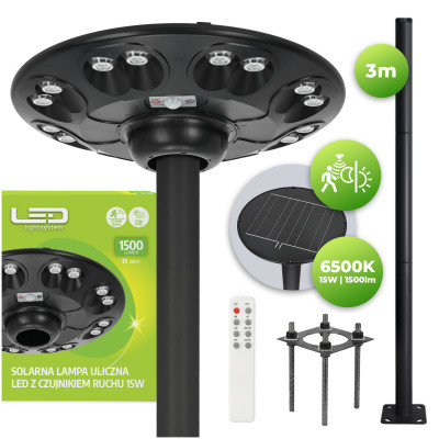 Oprawa Uliczna 15W Solarna Lampa Parkingowa IP54 Czujnik Ruchu Pilot 6500k