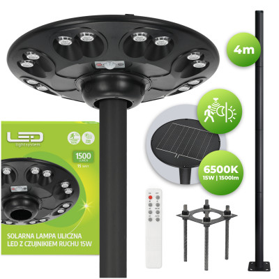 Oprawa Uliczna 15W Solarna Lampa Parkingowa IP54 Czujnik Ruchu Pilot + słup 4m 6500k