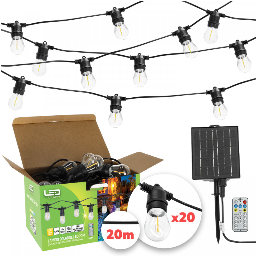 Girlanda Solarna Ogrodowa Lampki Solarne 10m 20X Żarówka LED E27 + Pilot E27