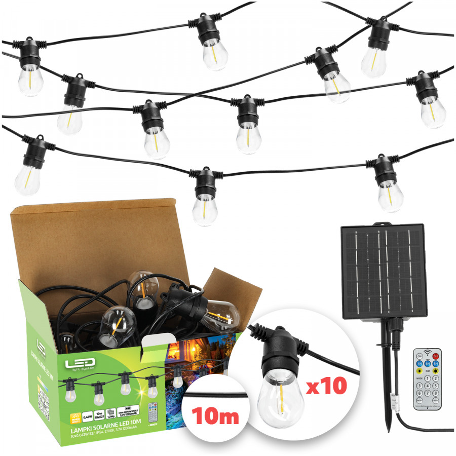 Girlanda Solarna Ogrodowa Lampki Solarne 10m 10X Żarówka LED E27 + Pilot