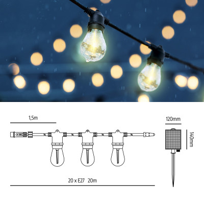 Girlanda Solarna Ogrodowa Lampki Solarne 20m 20X Żarówka LED E27 + Pilot E27
