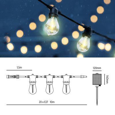 Girlanda Solarna Ogrodowa Lampki Solarne 10m 20X Żarówka LED E27 + Pilot E27