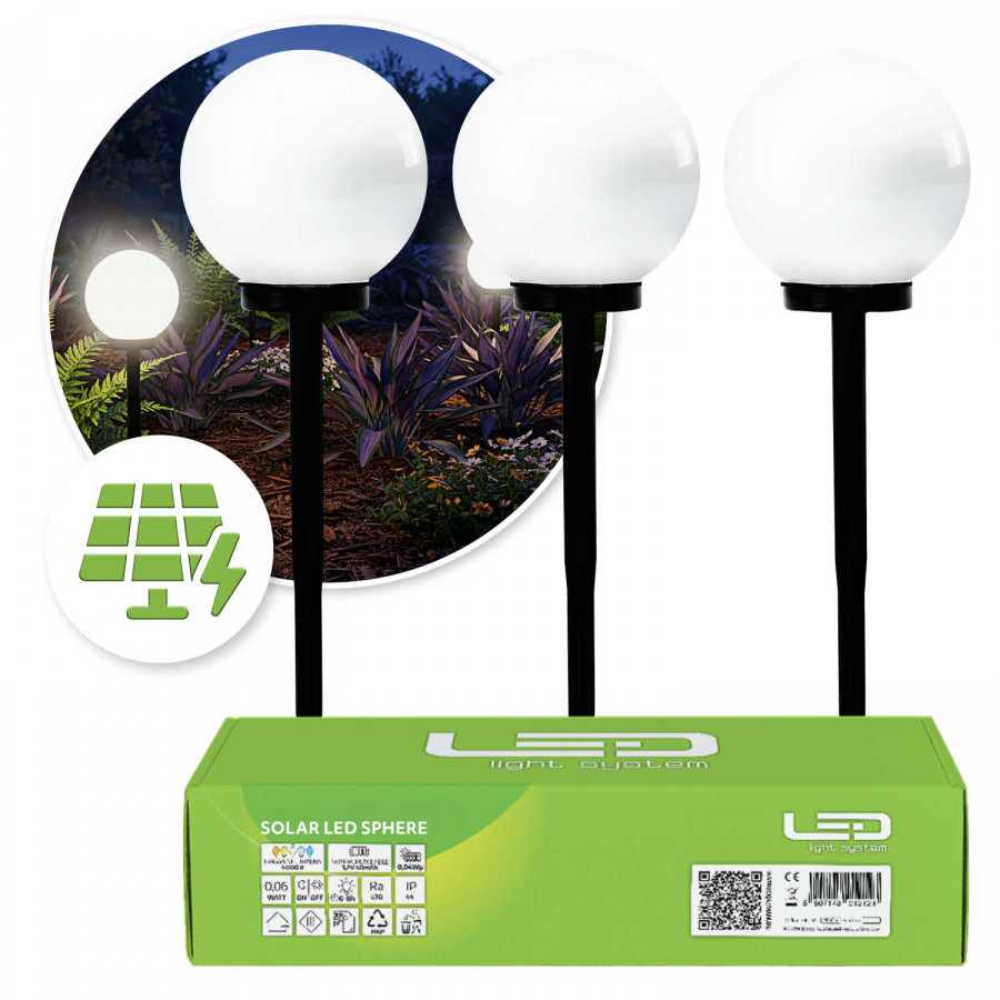 3x Lampa SOLARNA Ogrodowa LED BIAŁA KULA Wbijana 20cm