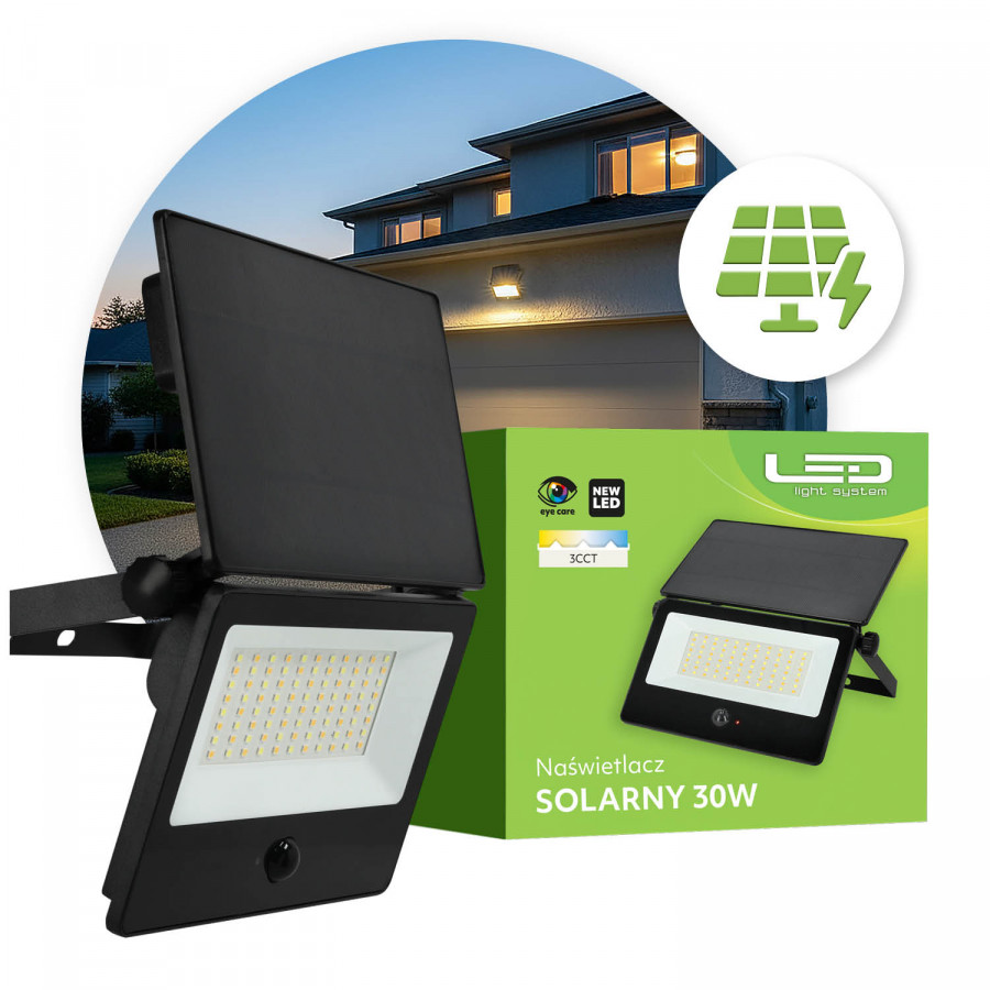 Naświetlacz Solar LED MOCNY 30W 2800lm IP54 Lampa Zewnętrzna Czujnik Ruchu